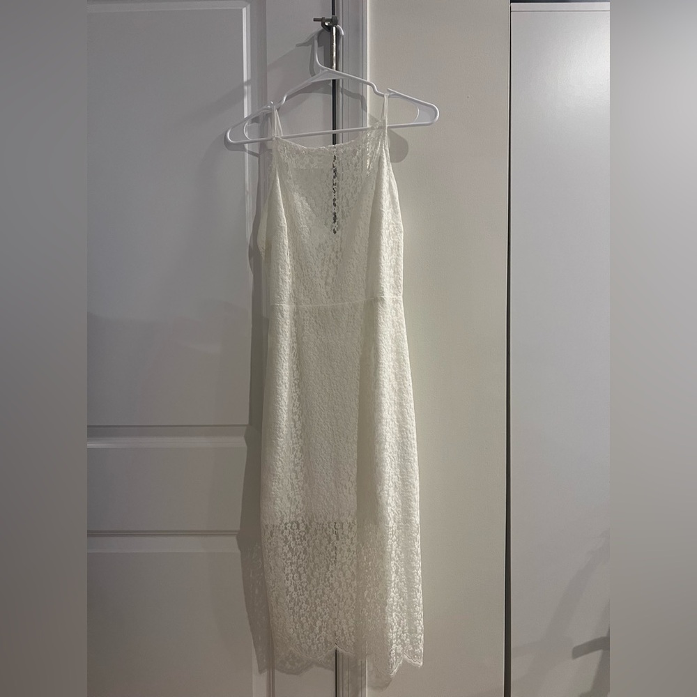 KEEPSAKE the Label Cream Halter Sheath Midi Lace Dress